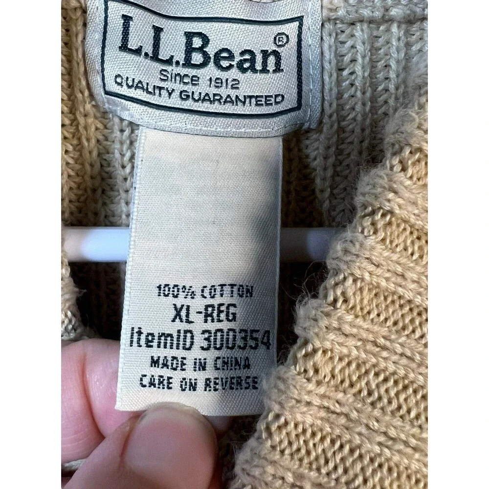 L.L. Bean Sweater‎ Mens Large Beige Mock Neck Knit Preppy Outdoors Cotton Button